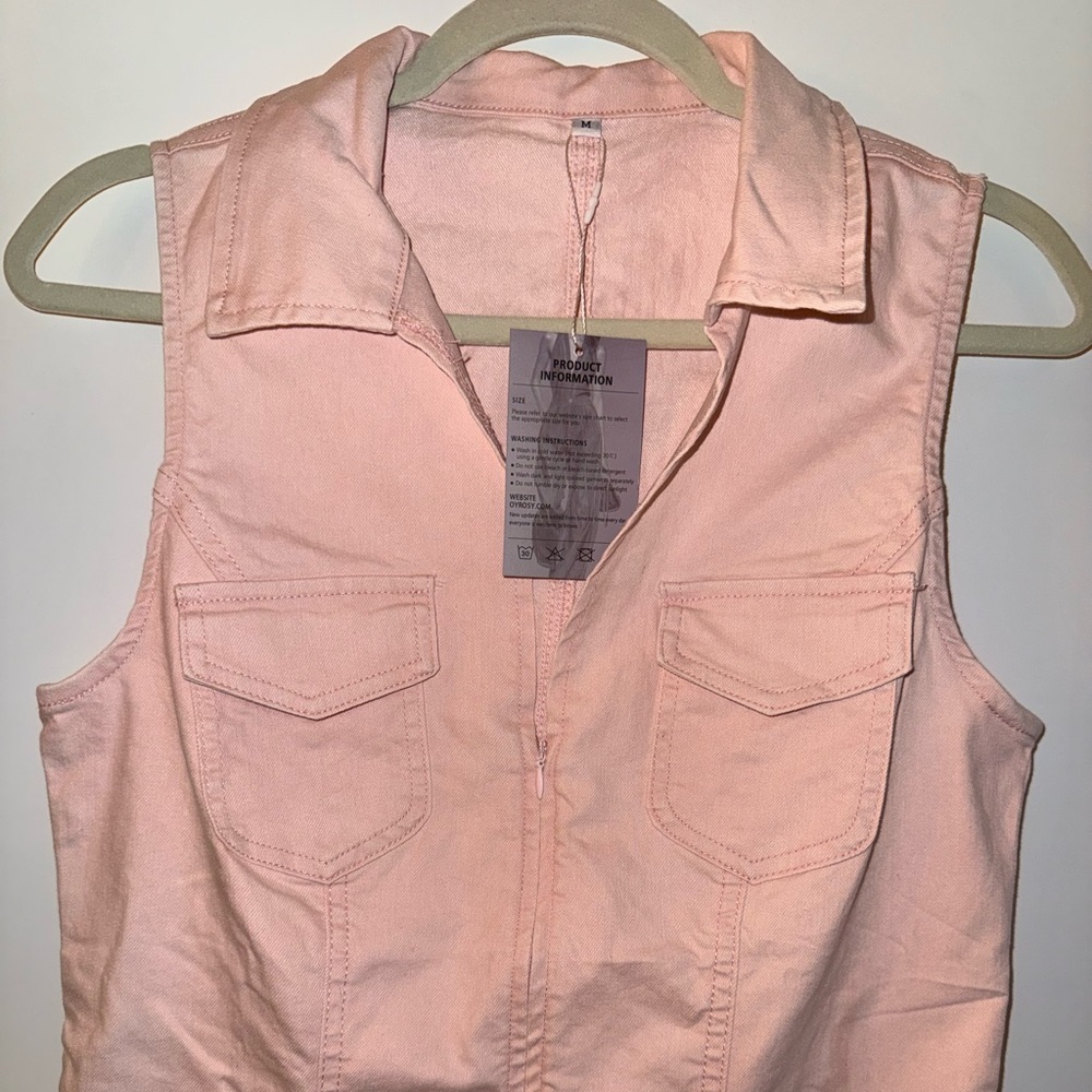 Oyrosy Vintage Slim Pink Denim Lapel Sleeveless Zipper Ruffle Mini Dress NWT - Picture 8 of 15